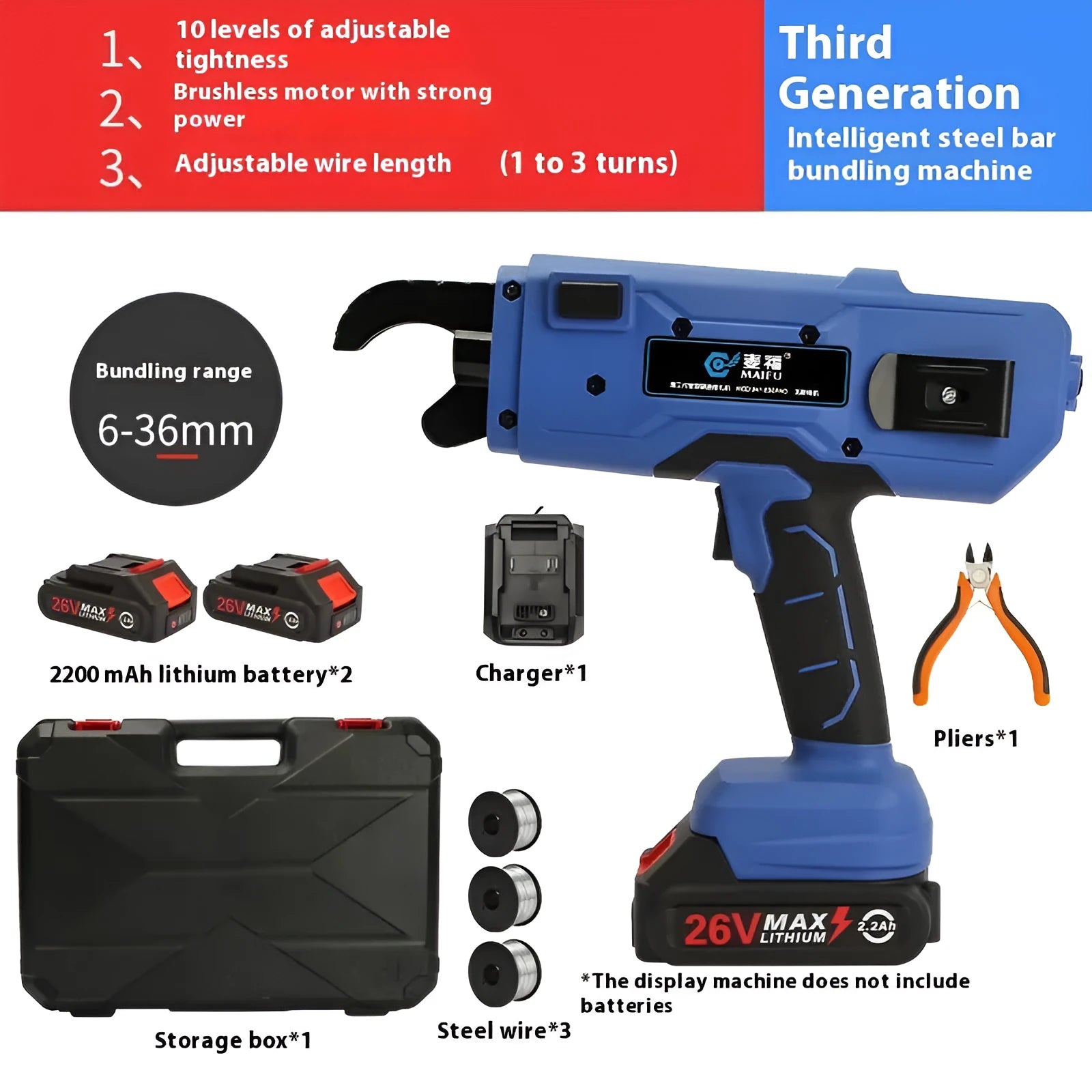 Fully automatic electric steel bar tying machine with battery, charger, and toolbox on a construction site.