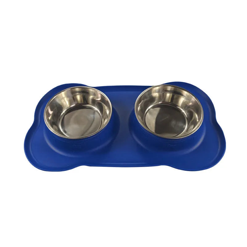 Large double compartment silicone dog bowl with stainless steel base in blue colour