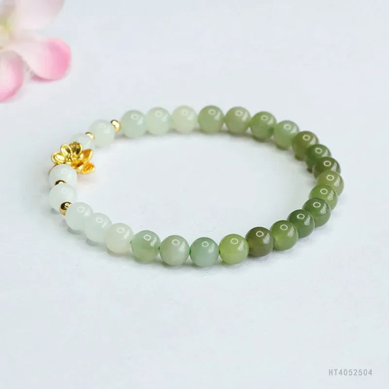 Hand-woven clear water gradient Hetian jade bracelet with 6mm flower beads