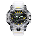 Men's dual display electronic sports watch with round plastic case and 50m waterproof rating