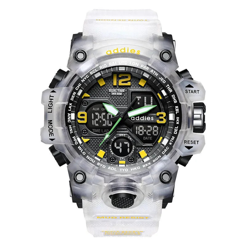 Men's dual display electronic sports watch with round plastic case and 50m waterproof rating