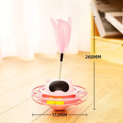 Pink cat tumble spinner toy with feather attachment measuring 17x10cm for independent feline play