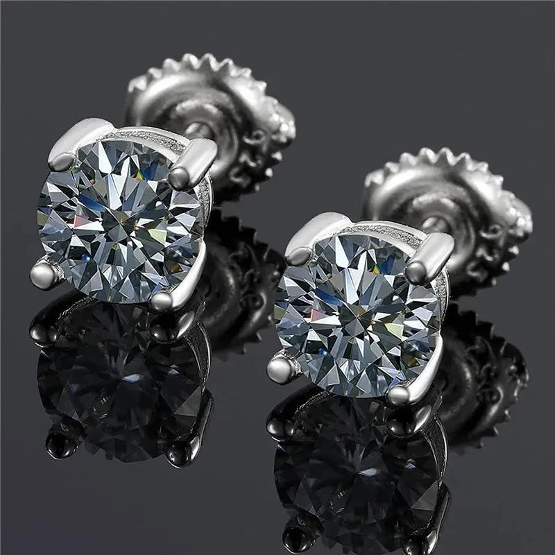 Four claw moissanite stud earrings with geometric 7mm stone in electroplated silver with certificate