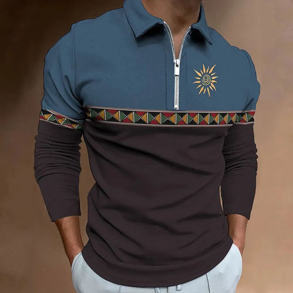 Men's retro printed long sleeve golf top with striped pattern and zipper decoration in loose fit