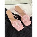 Women's cream-white satin sandals with a chunky heel, square toe, and one-line strap.