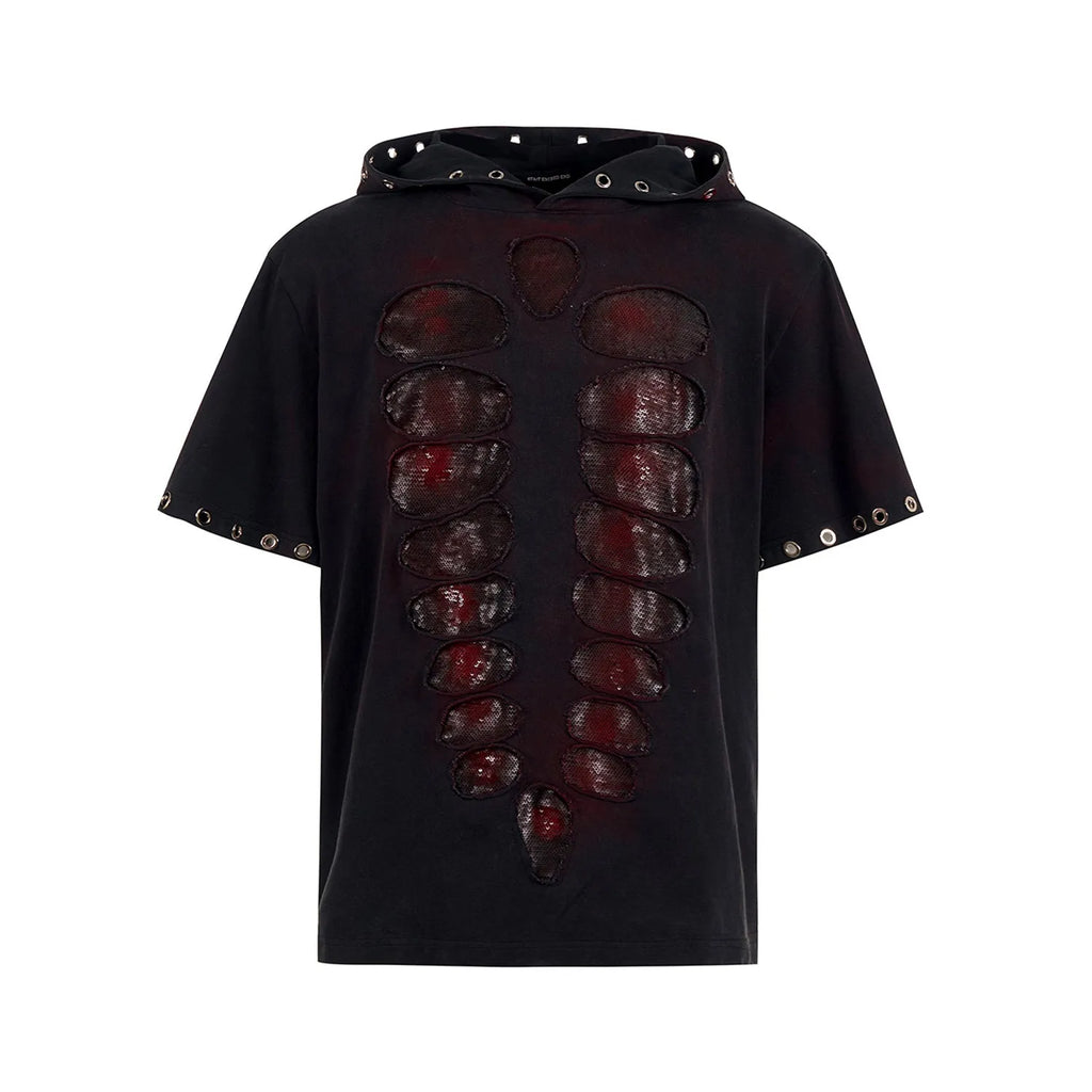 Black men's hooded short-sleeve t-shirt with sequin details, shown in a loose fit.