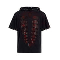 Black men's hooded short-sleeve t-shirt with sequin details, shown in a loose fit.