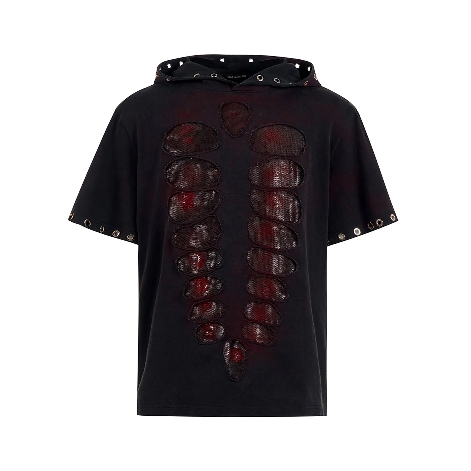 Black men's hooded short-sleeve t-shirt with sequin details, shown in a loose fit.