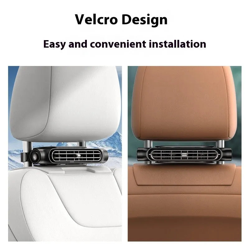 A black USB-powered car fan with Velcro strips mounted on a car seat headrest, showing the fan grille and control button.