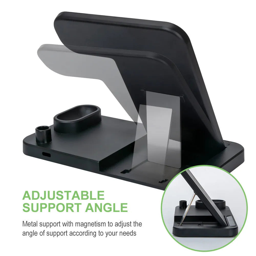 A folded 4-in-1 wireless charger for Apple devices in Space Grey, showing MagSafe pad and Apple Pencil slot.