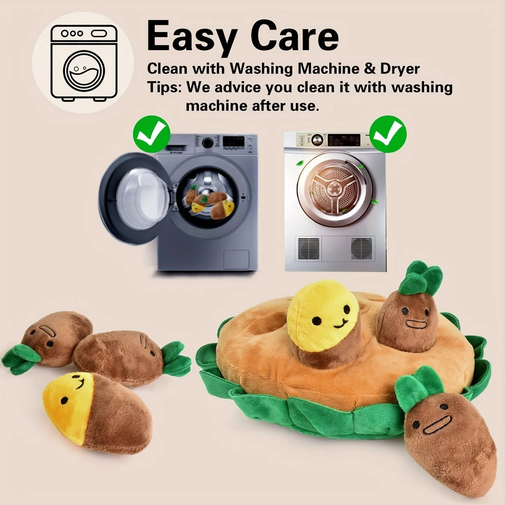 Yellow interactive dog puzzle toy with removable squeaky plush toys for foraging training