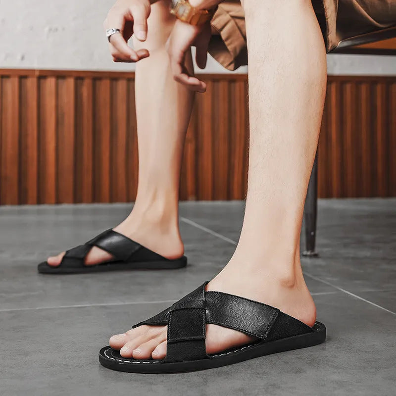 Men's genuine pigskin leather slip-on sandals with frosted finish and rubber sole