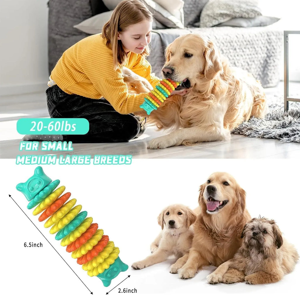 Blue green pink rubber caterpillar dog chew toy 17cm long for aggressive chewers