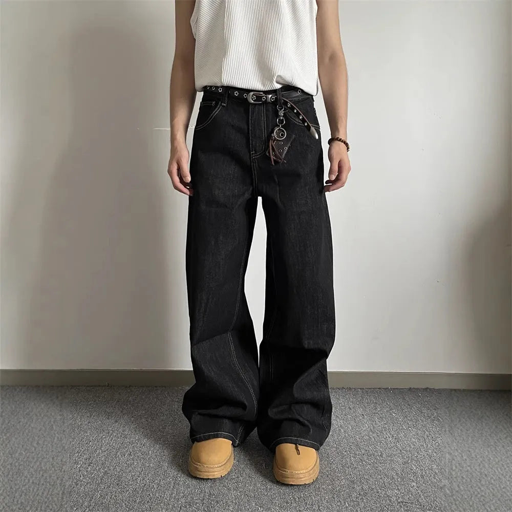 Black retro straight-leg jeans with loose wide-leg fit and mid-rise waist