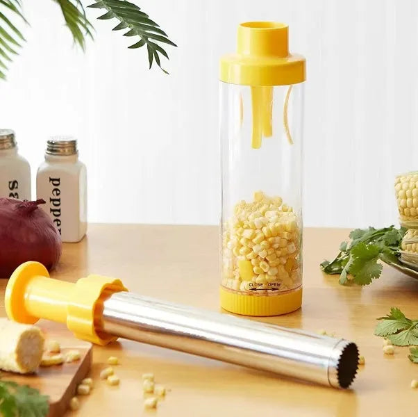 Yellow corn stripper tool with cylindrical design measuring 27cm high with stainless steel components