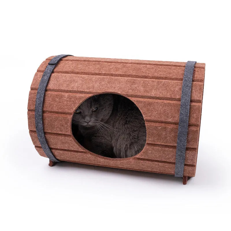 DIY wine barrel-shaped cat bed made from grey polyester fibre felt, showing three flat pieces and two straps for assembly.