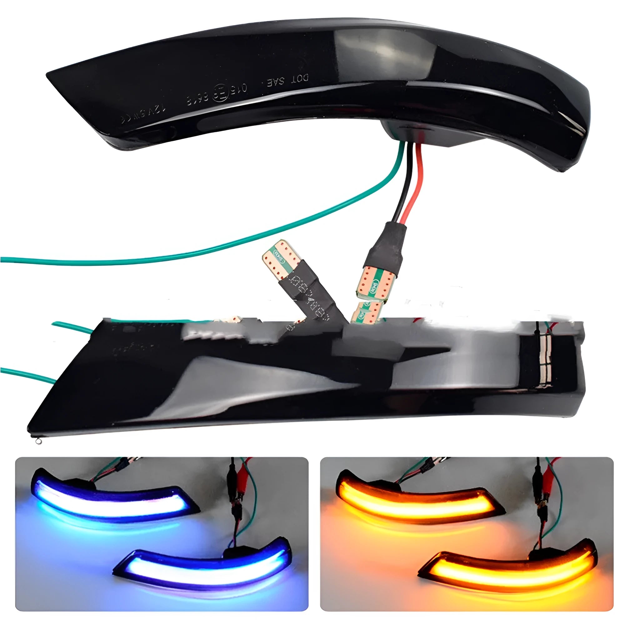 Pair of ABS rearview mirror waterfall lights for Ford Focus and Mondeo, showing yellow and blue two-tone option.