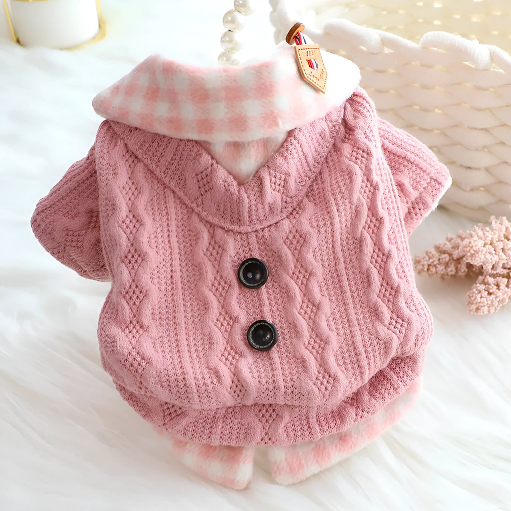 Blue wool plaid dog sweater with faux two-piece design and fleece lining for small to extra large dogs