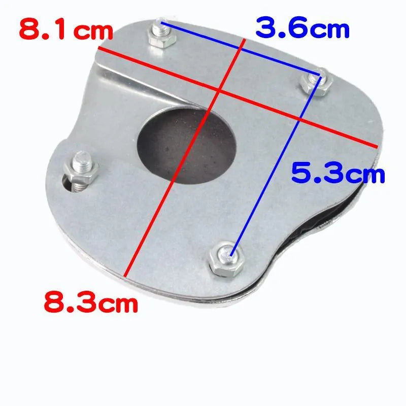 Metal motorcycle brake pedal skid plate accessory shown in three style variations.