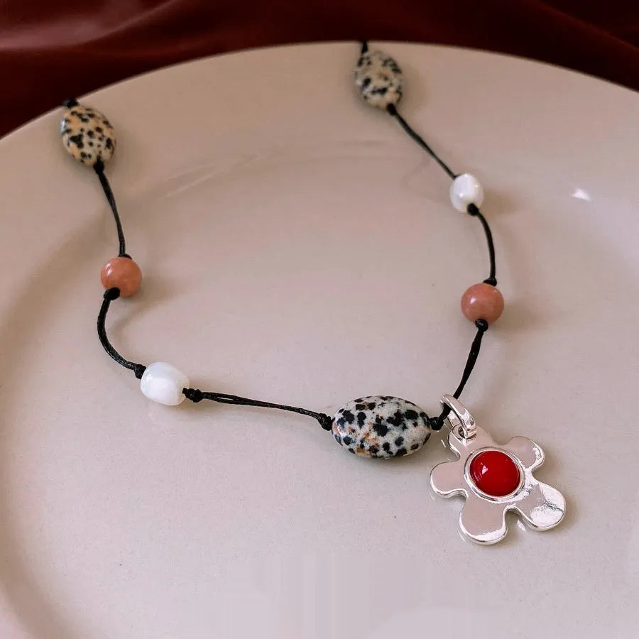 Stone shell beaded flower pendant necklace on electroplated alloy chain with adjustable 51-60cm length