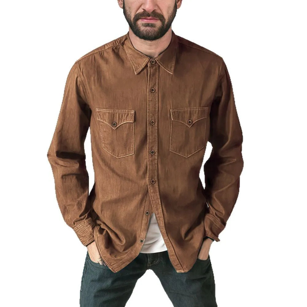 Regular fit denim cardigan coat in khaki on a hanger.