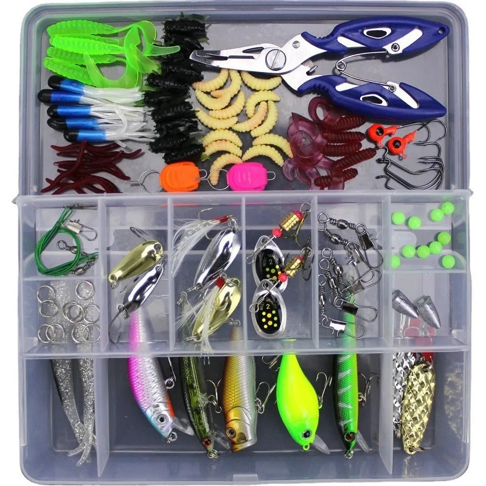 Junior fishing lure suit with PP plastic box containing soft plastic baits including colour thread Lei frog lures