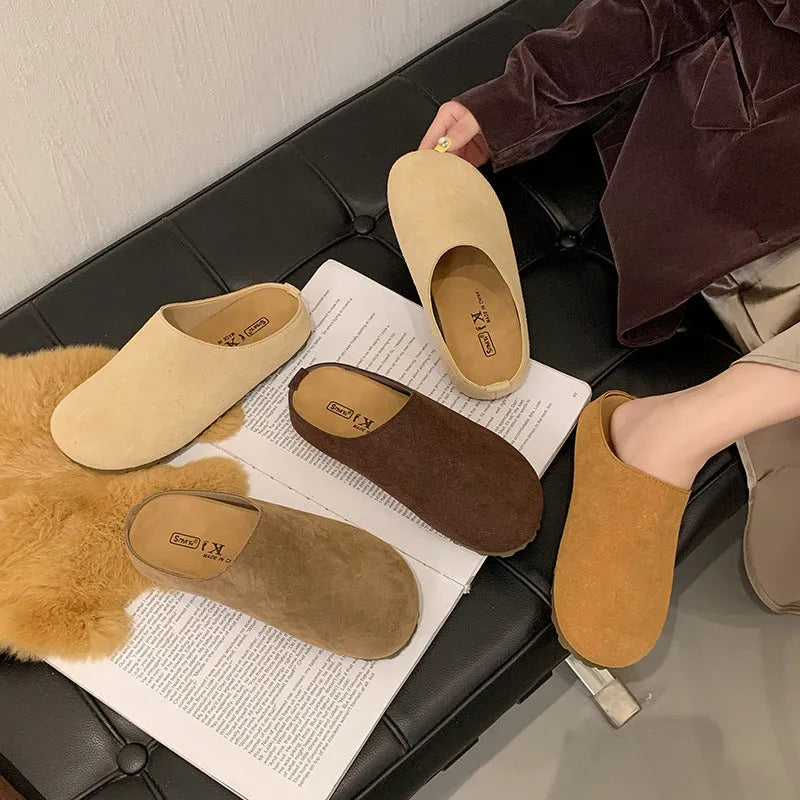 Korean-style soft flat slip-on slippers in apricot colour with square-toe design.