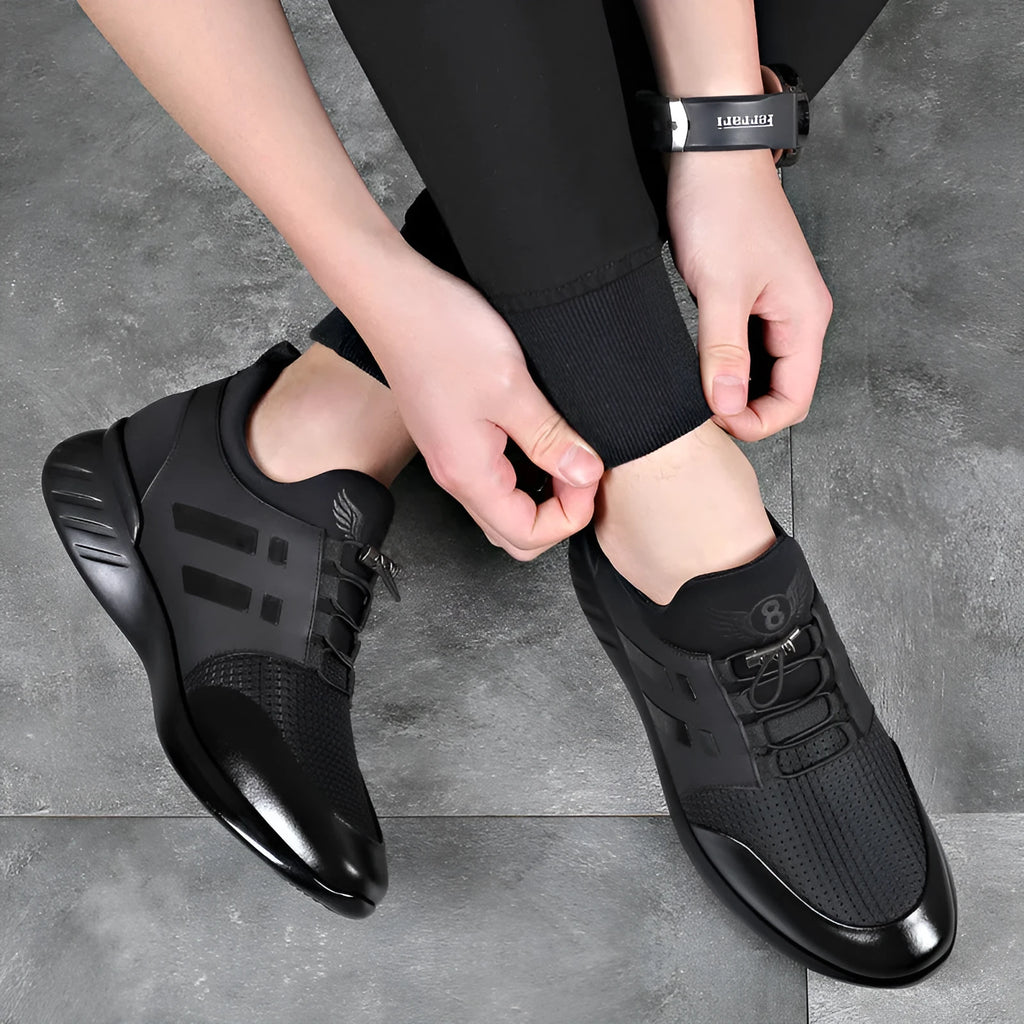 Men's black casual shoes with concealed chunky heel for height increase, shown in leather, Lycra, and mesh upper options.