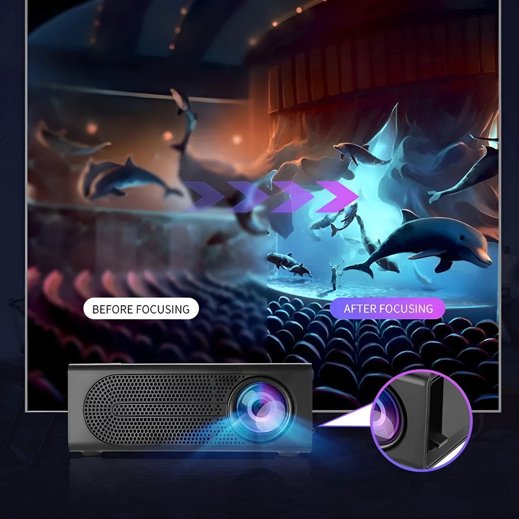 Black and white portable mini projector with wired connection for mobile phone screen mirroring.