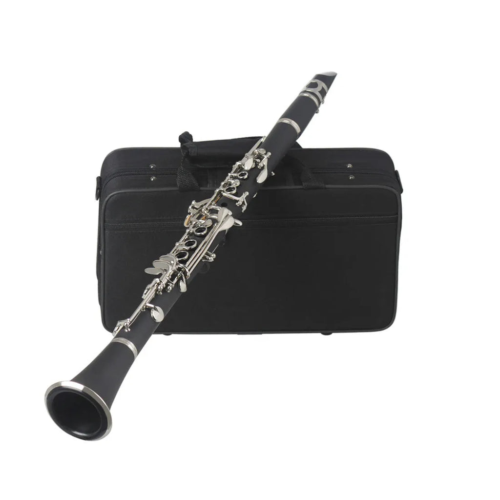 Black Bakelite beginner clarinet with 17 nickel-plated keys and protective bag