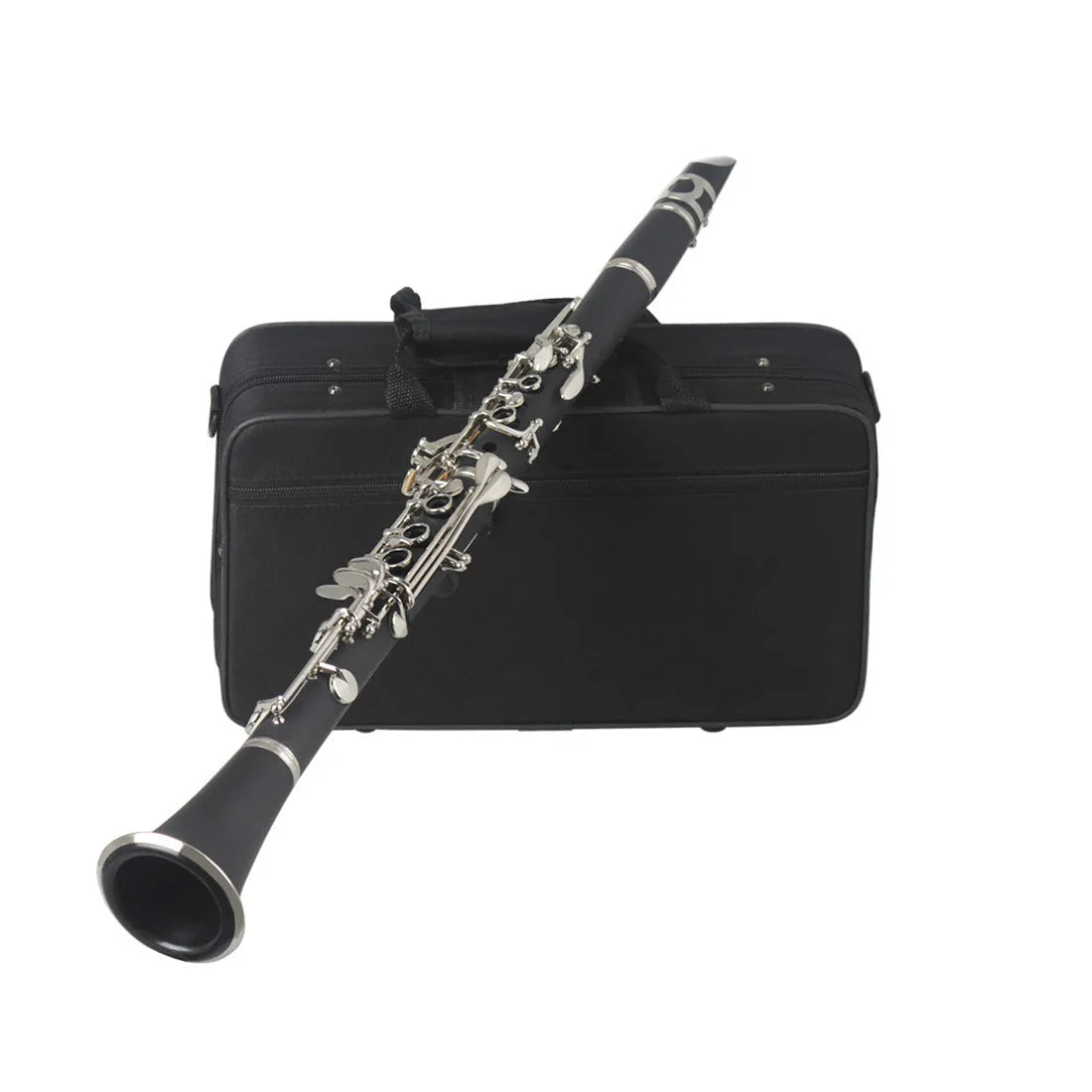 Black Bakelite beginner clarinet with 17 nickel-plated keys and protective bag