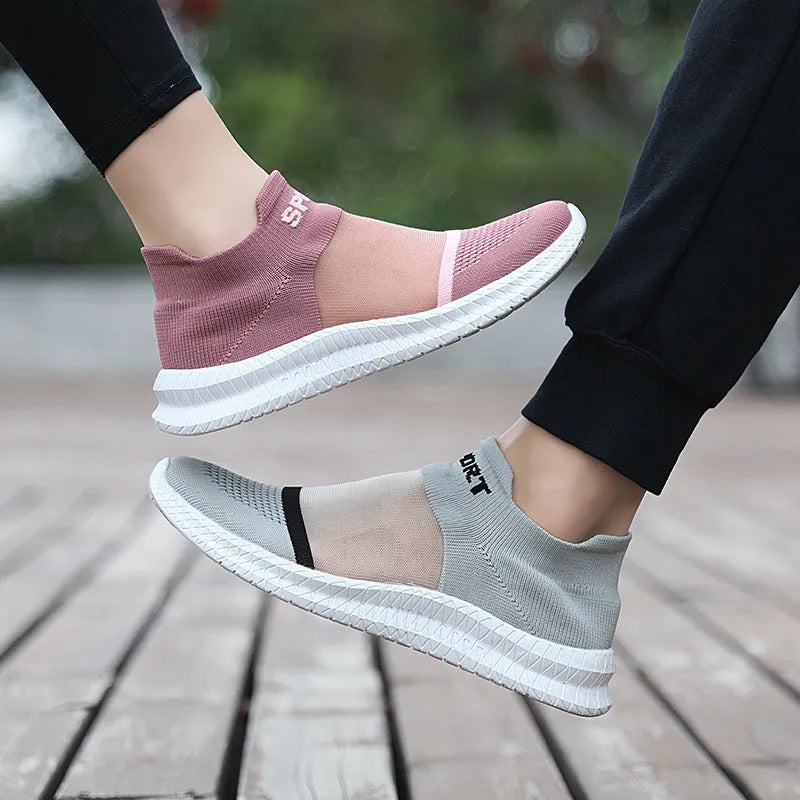 Flyknit woven sock shoes in khaki colour with lace-up closure and MD sole for casual wear and hiking
