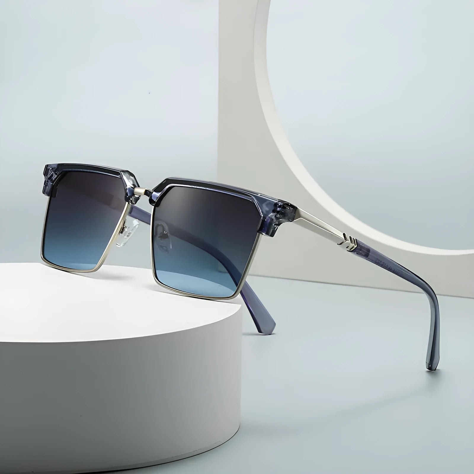 Men's square frame sunglasses with box-style design showing six colour variations