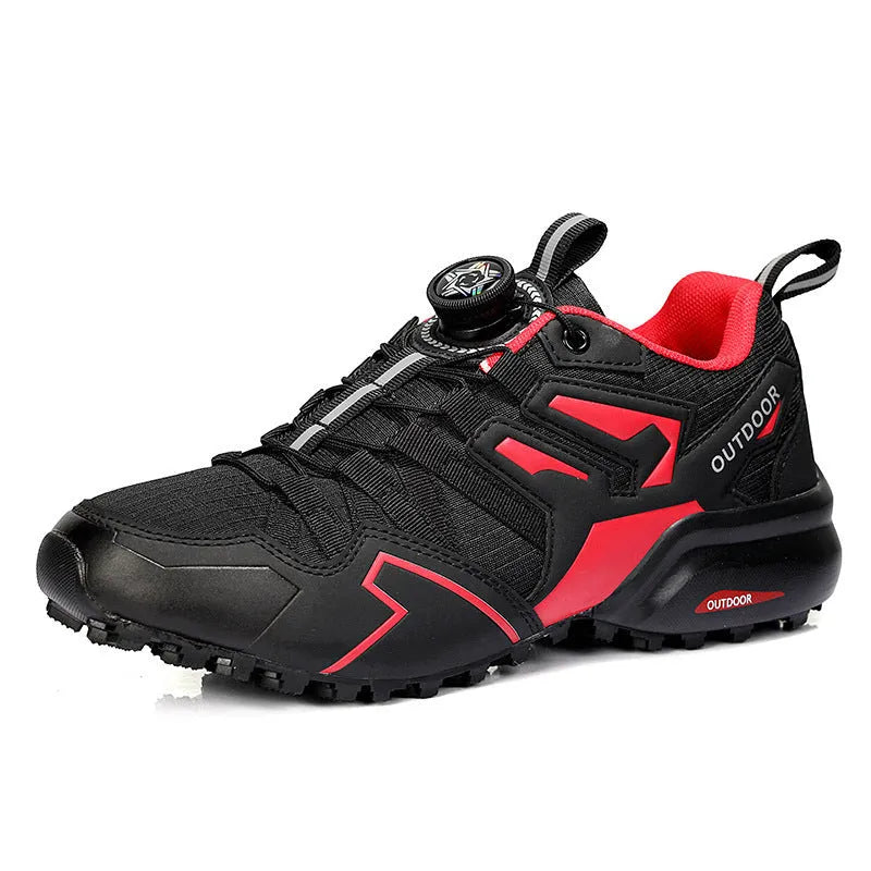 Men's lightweight hiking shoes with elastic band closure and synthetic leather upper in beige, black, and black red colour options.