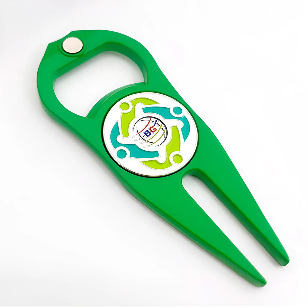 Golf ball fork bottle opener tool in zinc alloy with green turf application
