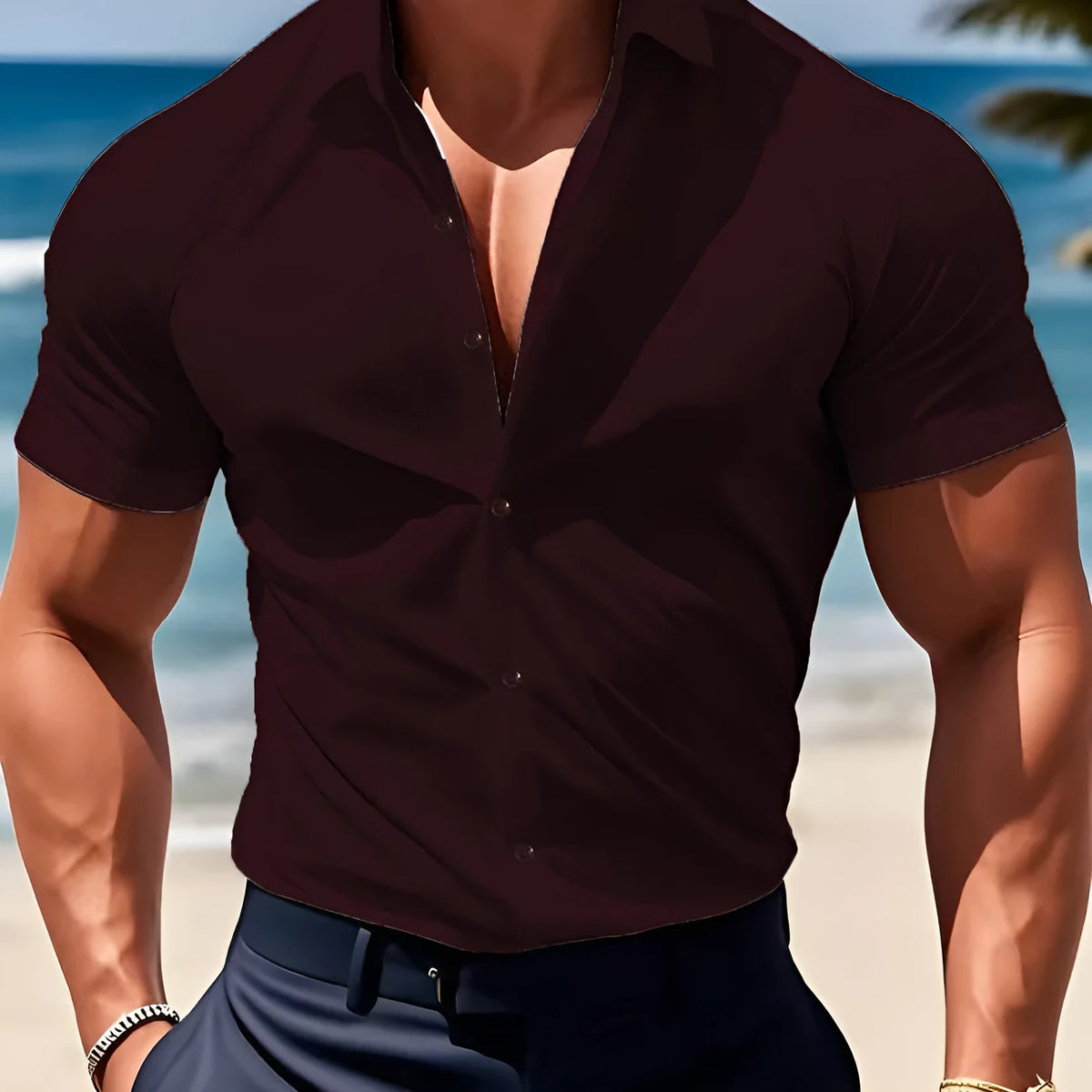 Man wearing a brown short sleeve printed casual shirt with a shirt collar.