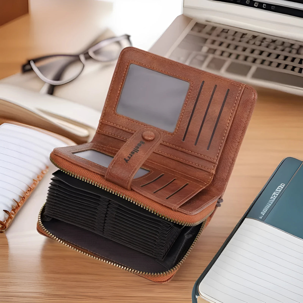 Women's black PU leather zip coin purse with integrated card slots lying open.