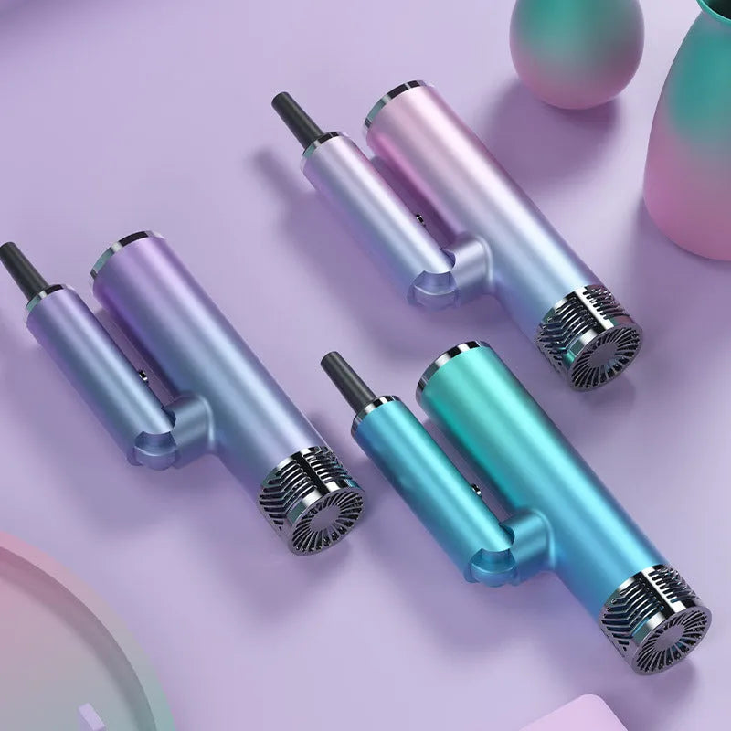 Green and purple foldable hair dryer with compact travel design
