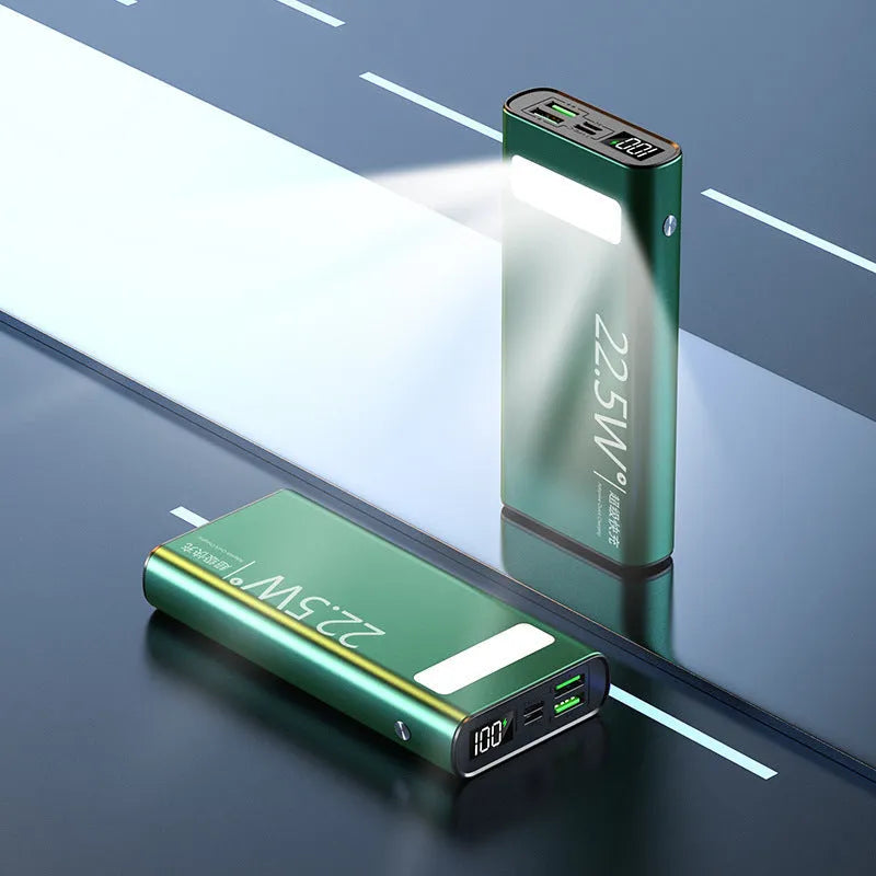 Alloy shell portable power bank with LCD display, shown in black, featuring USB-C PD fast charge port.