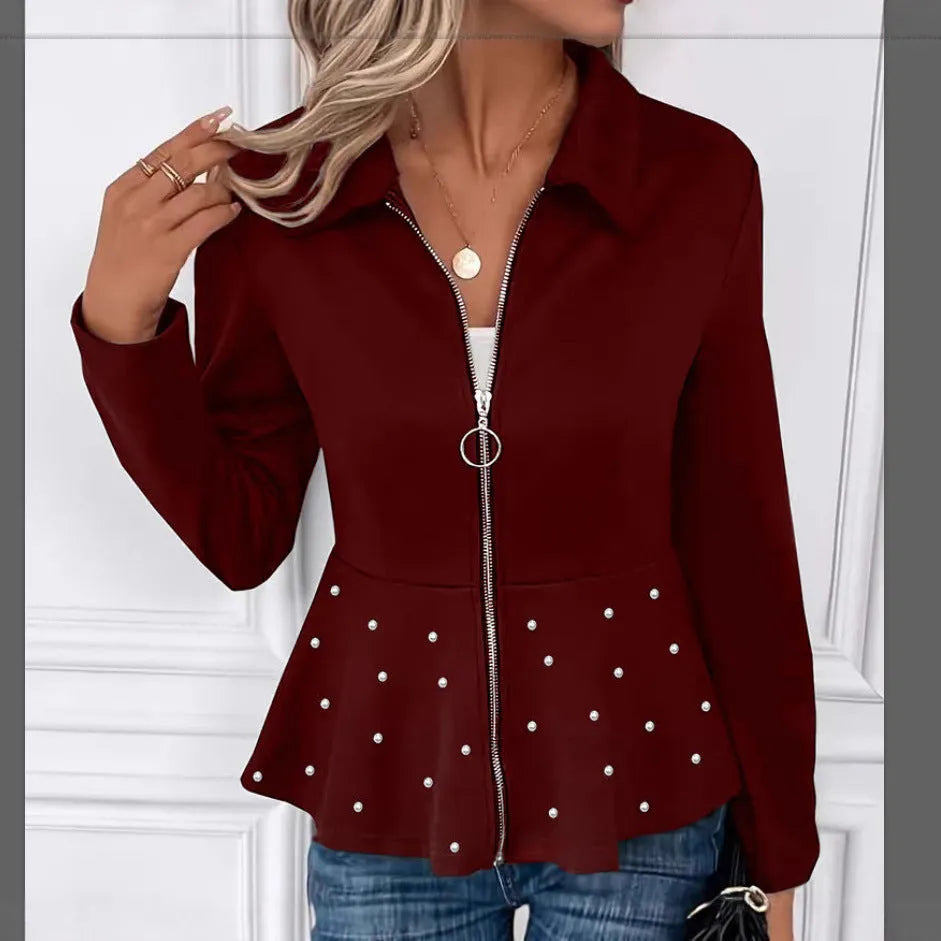 Women's loose fit coat with heavy-duty front zipper and ruffled hem in black, dark red or grey.