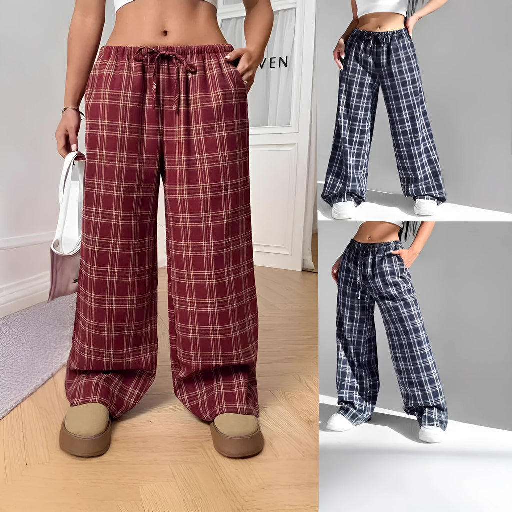 Women's loose drawstring trousers with plaid pattern and side pockets in blue or red colours