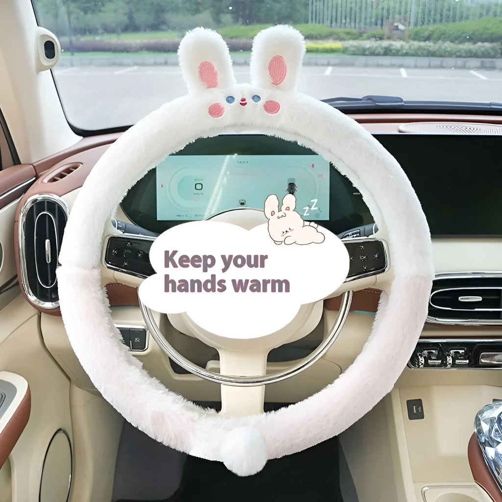 Winter steering wheel cover with plush thermal material and cartoon animal embroidery in 38cm diameter