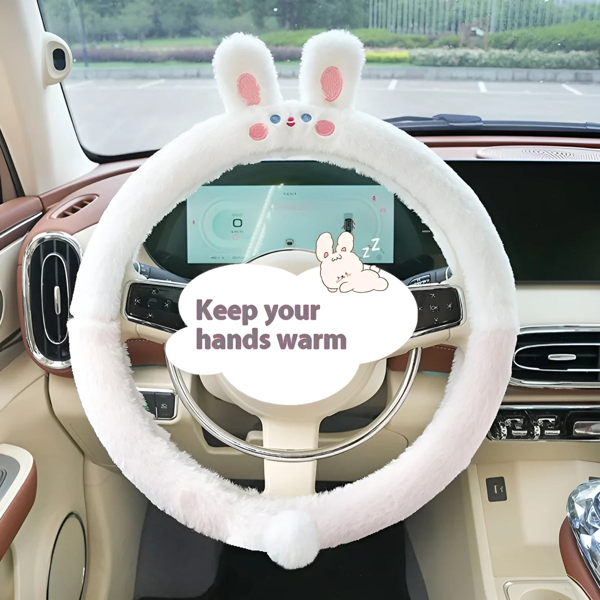 Winter steering wheel cover with plush thermal material and cartoon animal embroidery in 38cm diameter