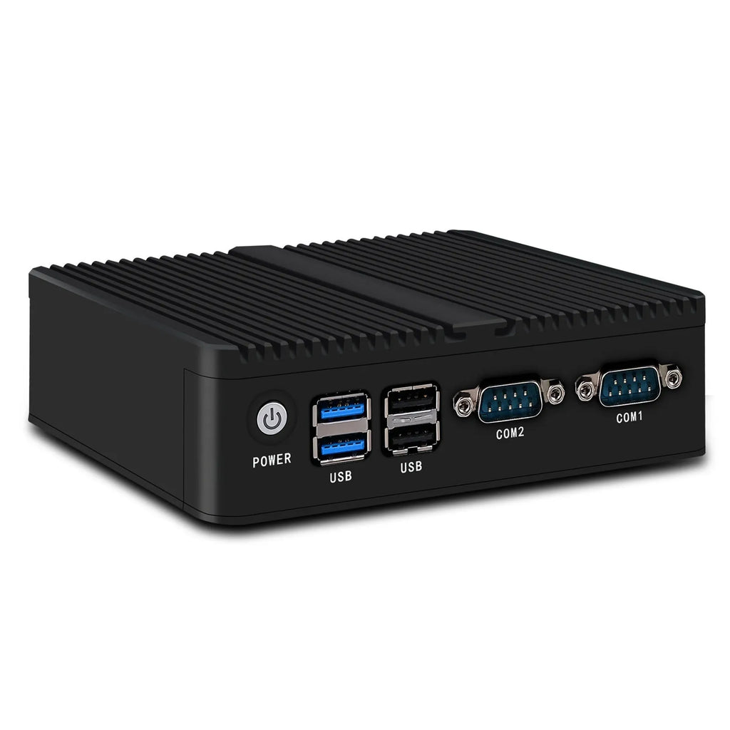 Industrial fanless mini PC microcomputer measuring 13.6 by 12.7 by 4 centimetres with dual network ports