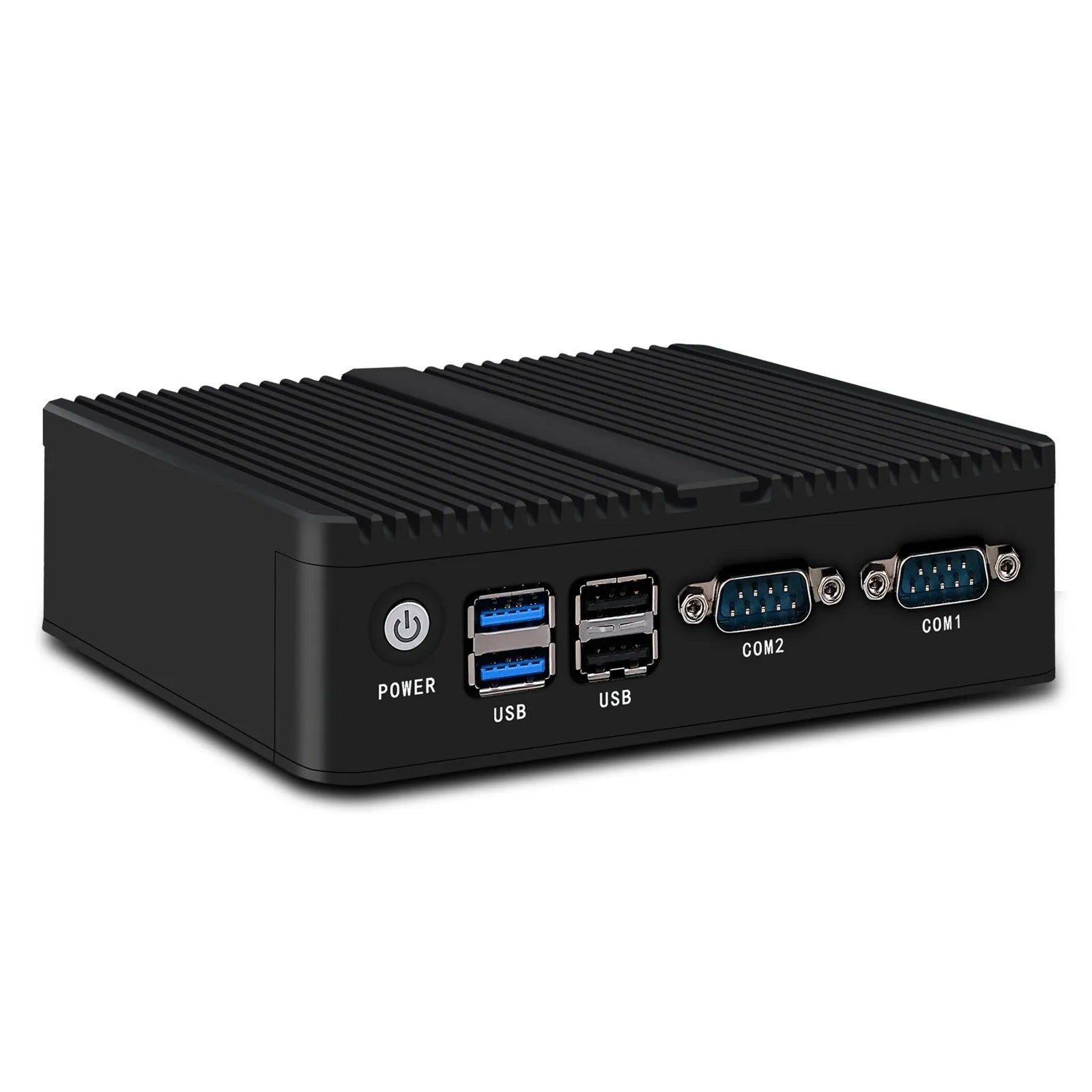 Industrial fanless mini PC microcomputer measuring 13.6 by 12.7 by 4 centimetres with dual network ports