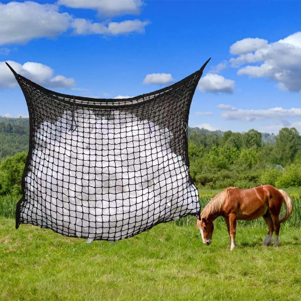 Black woven PE rope grid hanging feeding bag for horses and livestock.