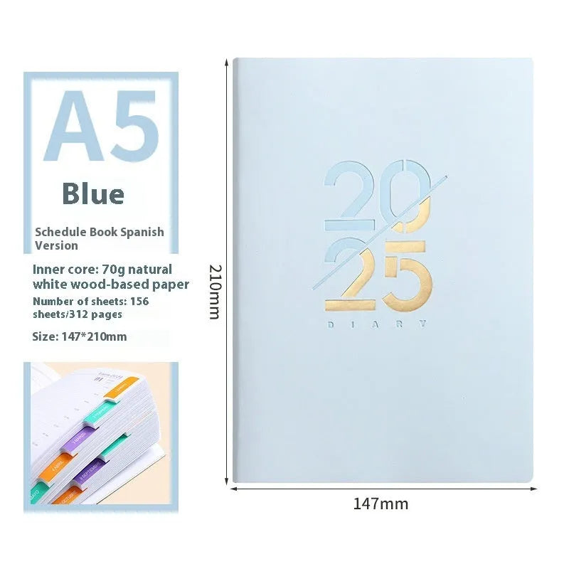 A5 soft faux leather daily planner open on a desk, showing Dorian paper and lay-flat binding.