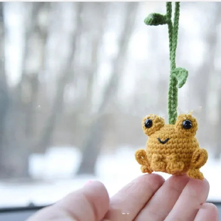 Handmade woven plush frog pendant for car interior decoration in green colour