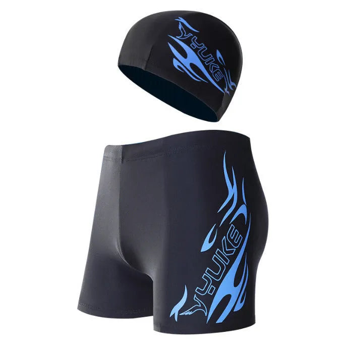 Men's patterned swimming trunks in plus sizes with fire design on black background