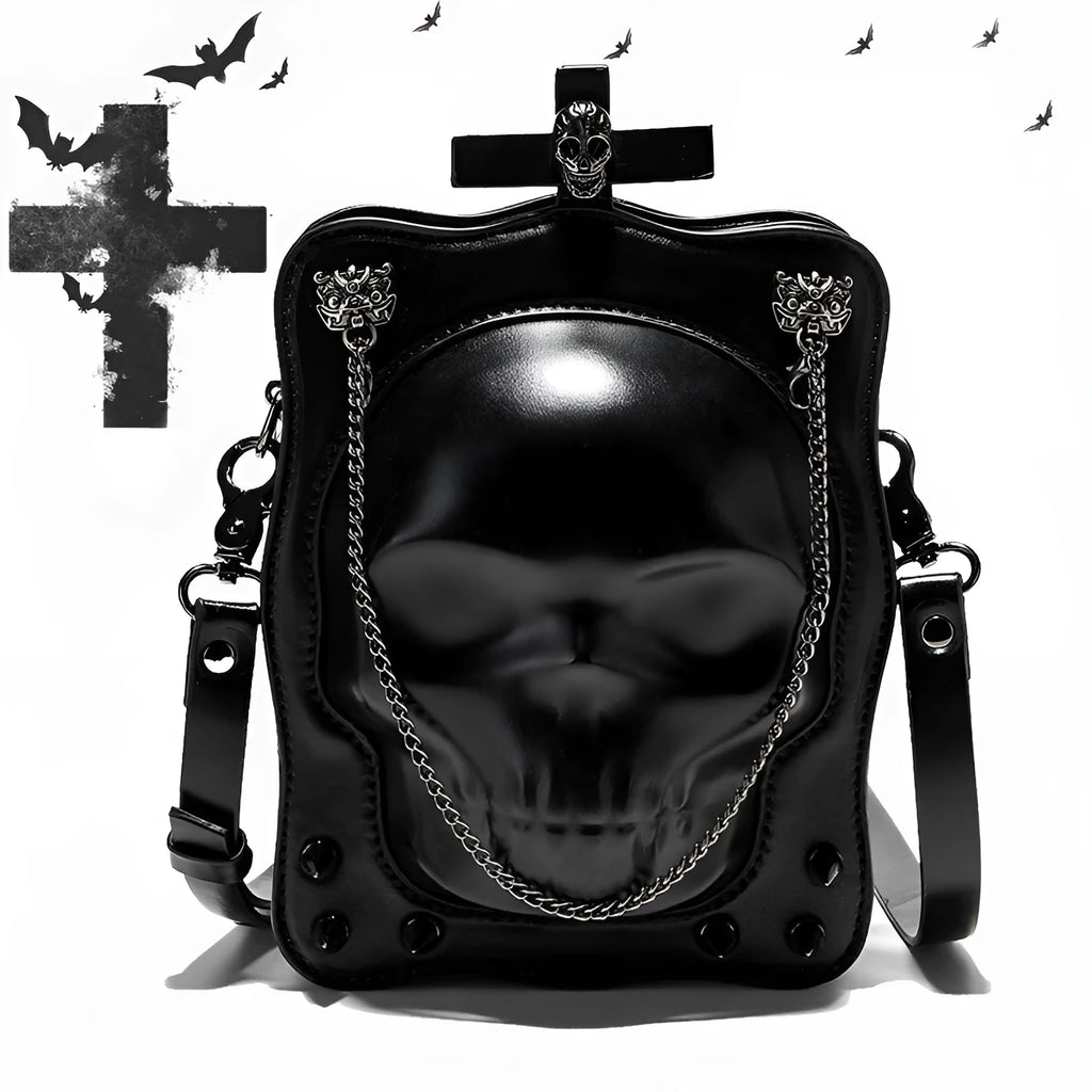 Black Halloween skull shoulder bag with embossed design, chain strap, and vertical square messenger shape